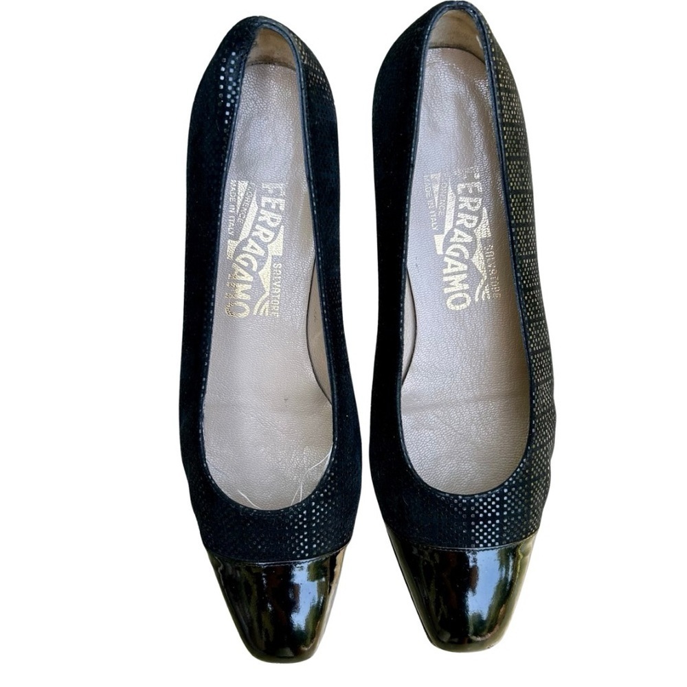 Salvatore Ferragamo Miria Nero Pebble Suede & Patent Calf Pumps
